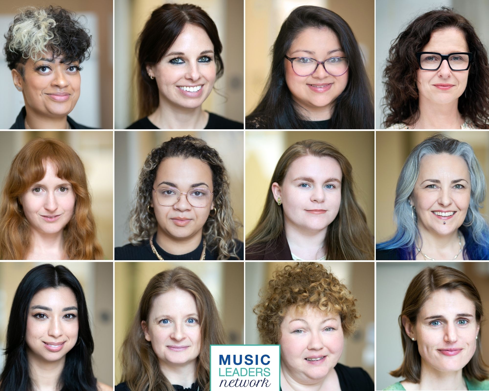 Gallery showing portraits of 12 women arranged in a grid with a music leaders network logo on the image.